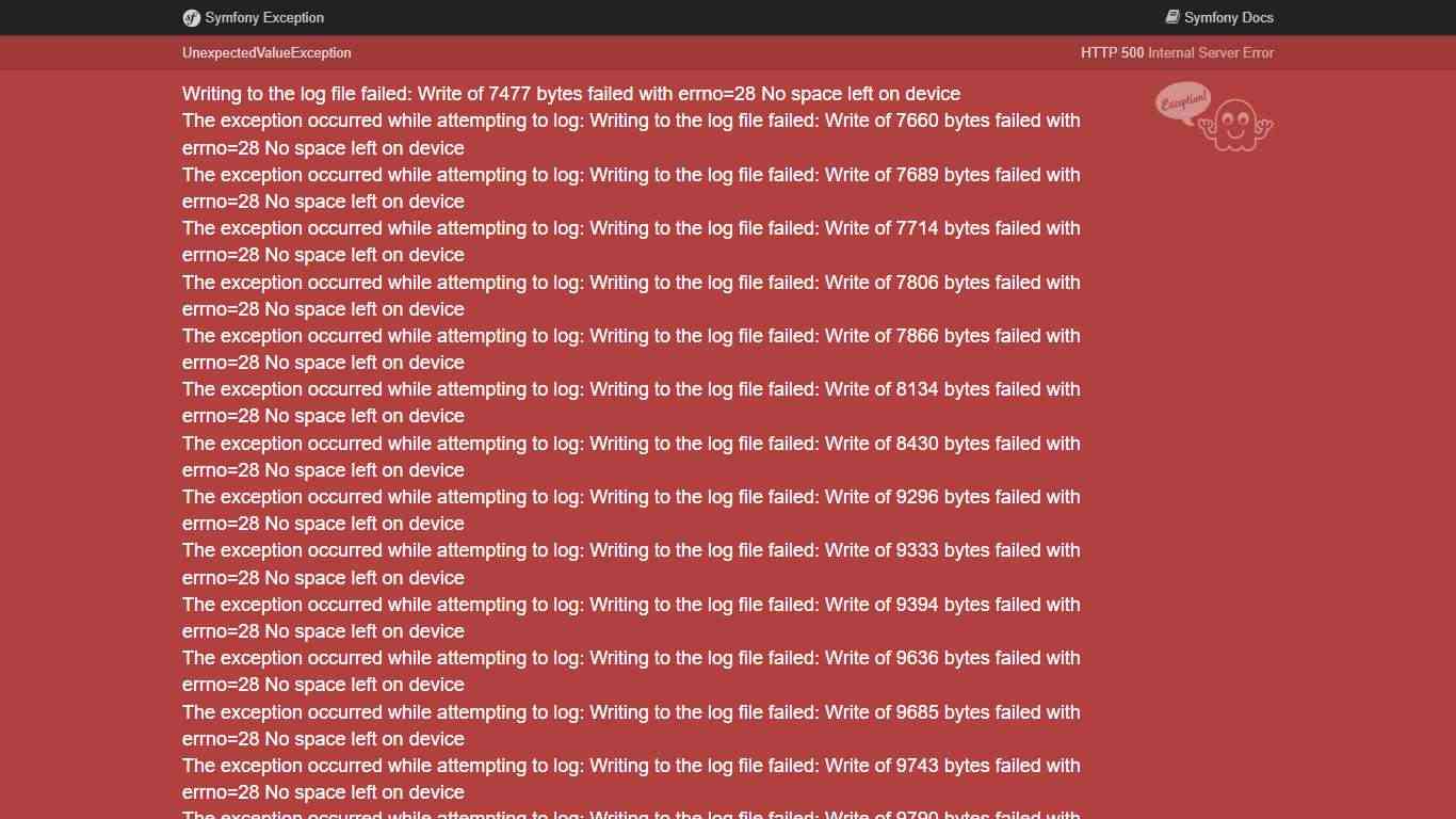 Writing to the log file failed: Write of 7477 bytes failed with errno=28 No space left on device The exception occurred while attempting to log: Writing to the log file failed: Write of 7660 bytes failed with errno=28 No space left on device The exception occurred while attempting to log: Writing to the log file failed: Write of 7689 bytes failed with errno=28 No space left on device The exception occurred while attempting to log: Writing to the log file failed: Write of 7714 bytes failed with e